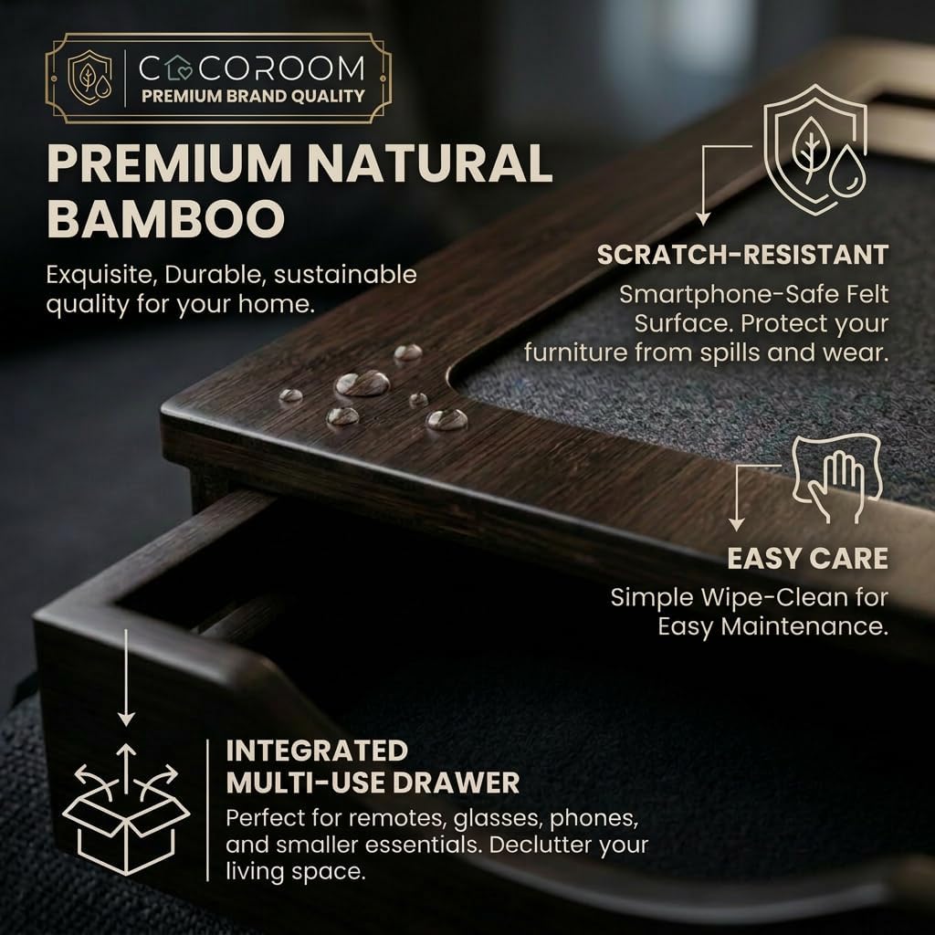 Sofa Armrest Tray with Drawer & Cup Holder — Wooden Couch Arm Tray with Anti-Slip Surface | Fits Most Sofa & Couch Arms (Dark Brown)