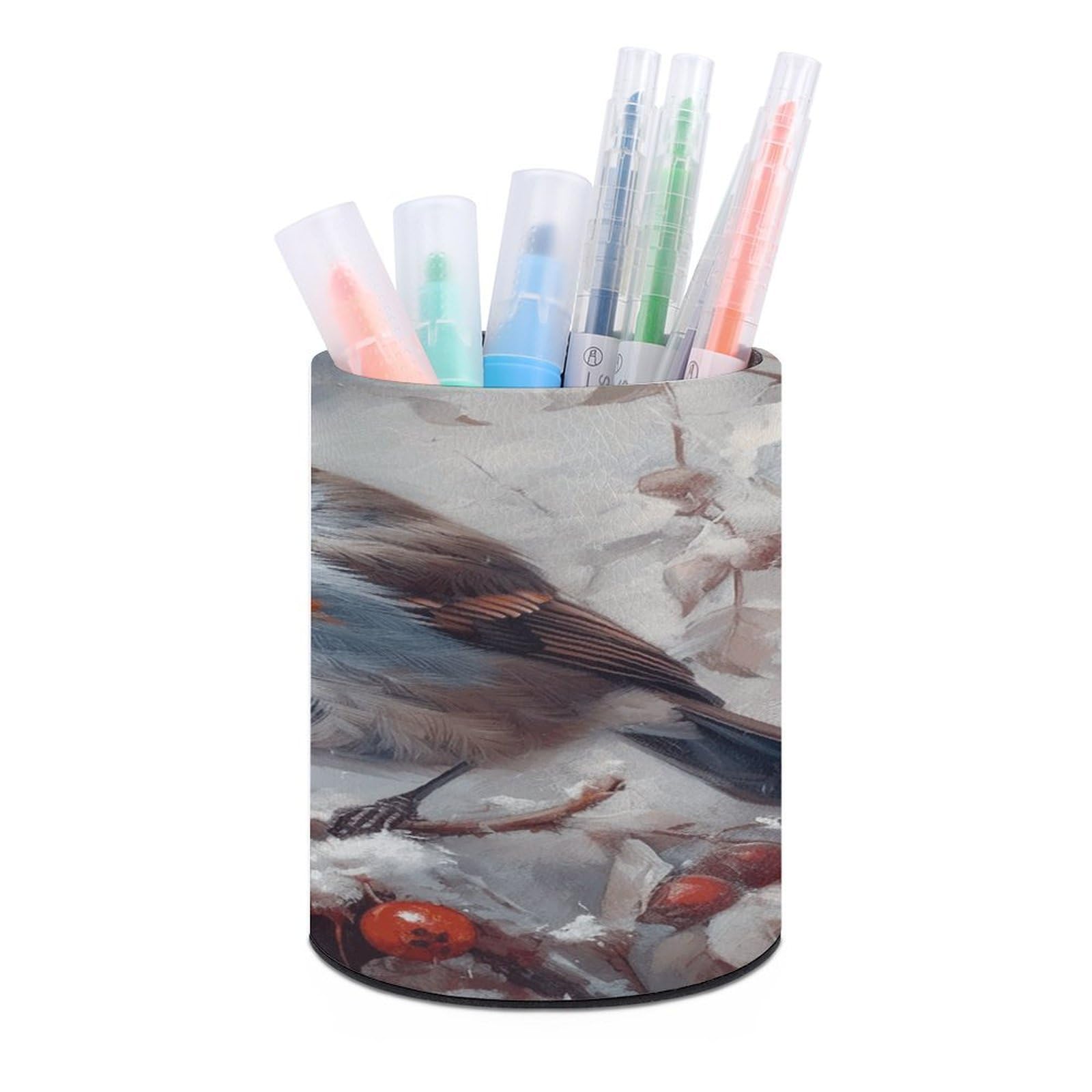 FekiLoot PU Leather Round Pen Holder Bird on Branch Pencil Holder Desk Organizer Pen Organizer Pen Cup Pencil Cup Caddy Desktop Stationery Organizers for Office Home Supplies