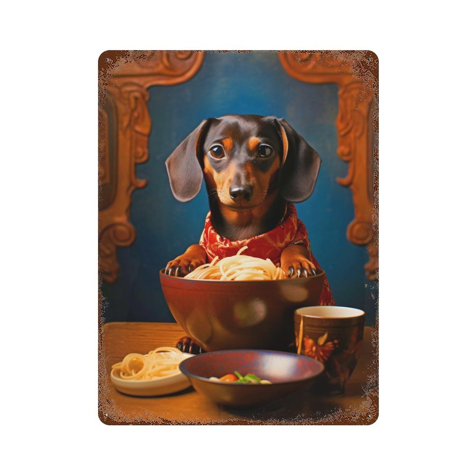 Vintage Rust Metal Sign Dachshund Eating Noodles 15.7"x11.8", Old School Wall Decor for Garage, Bar And Workshop Decor