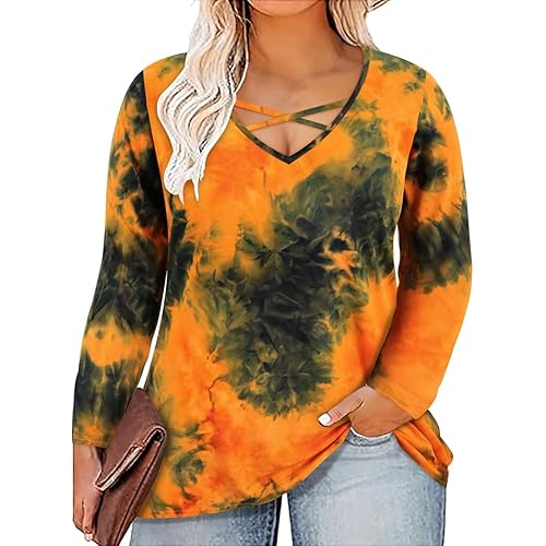 CARCOS Plus Size Tops for Women Long Sleeve Fall Tunic Color Block Camo/Plaid/Leopard/Fall Blouse Crewneck Tshirt XL-5XL