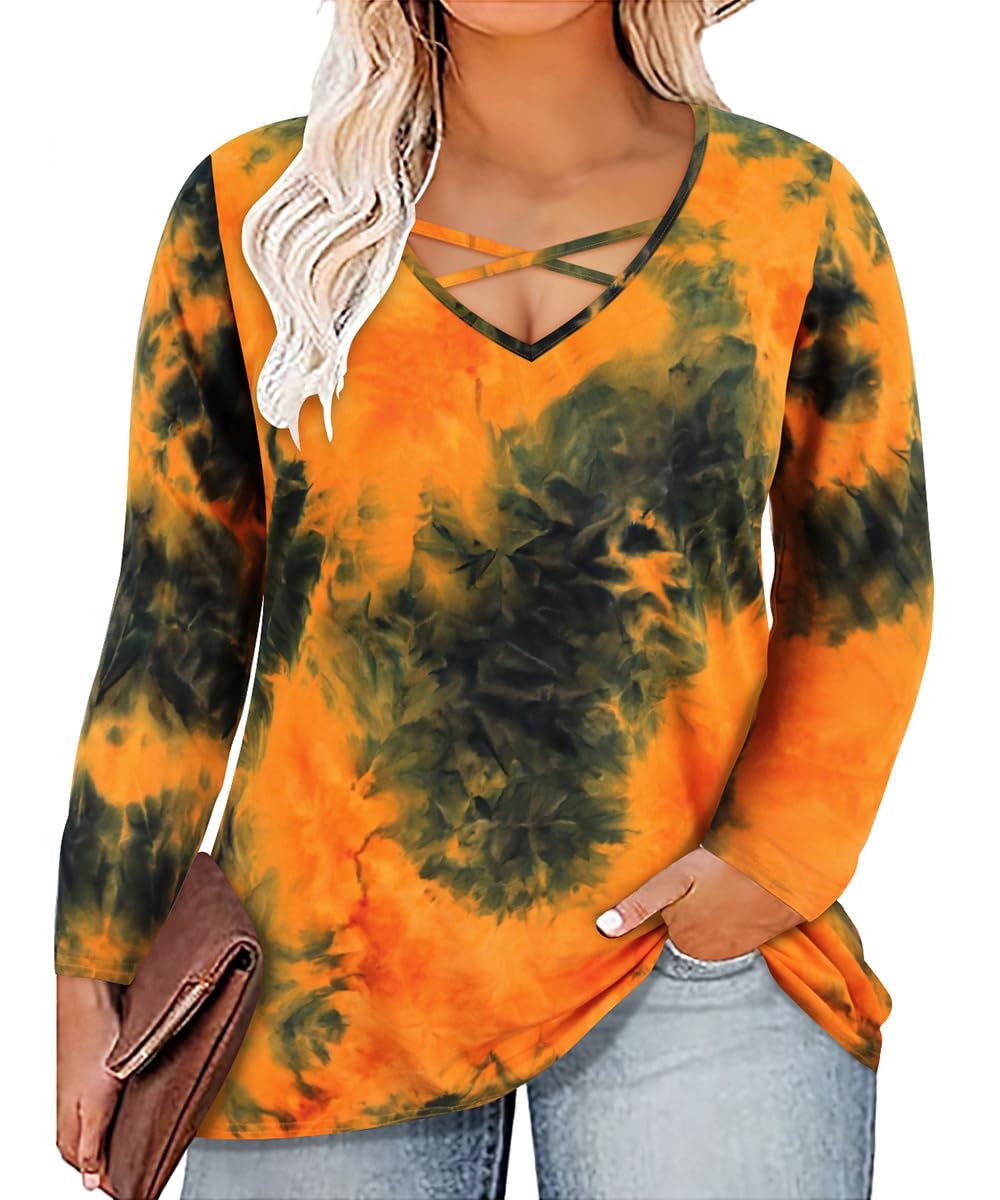RITERA Plus Size Women's Long Sleeve Top - Tie Dye V-Neck Casual Blouse (4XL)