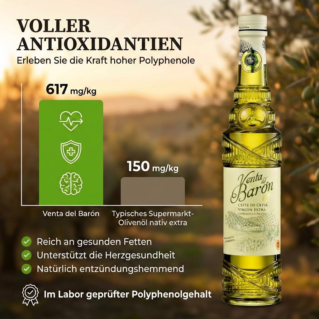 Venta del Barón - Preisgekröntes Premium Natives Extra Virgine Olivenöl Flasche - Kaltgepresst - Sehr hoher Polyphenolgehalt - 500 ml