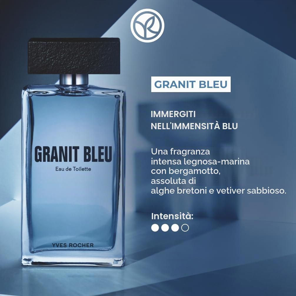 Yves Rocher GRANIT BLEU Eau de Toilette Vaporizzatore 100ml | Bergamotto e alghe della Bretagna - Profumo con note di vetiver di sabbia - regalo per uomo