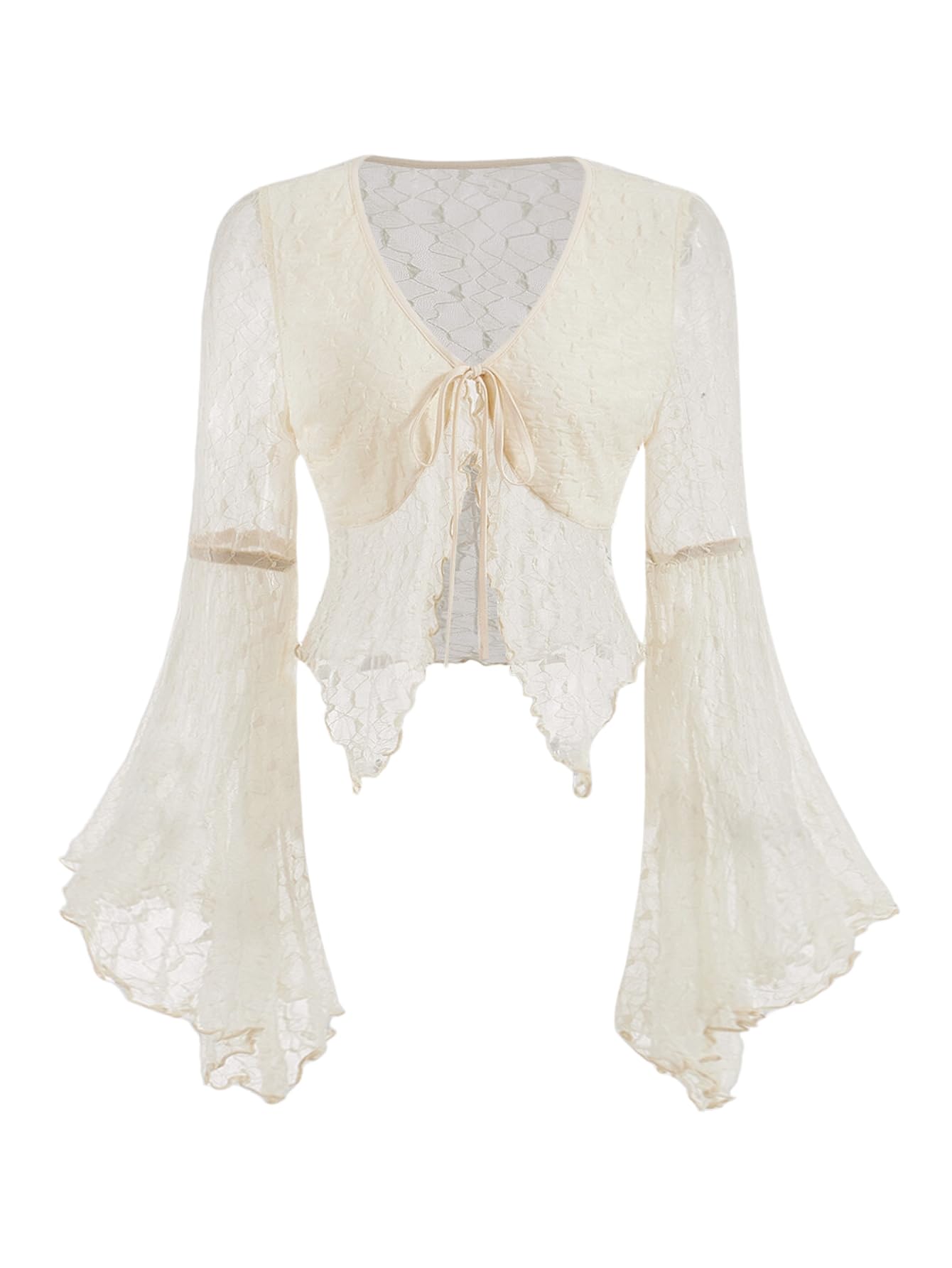 Verdusa Women's Lace Tops Tie Front Bell Long Sleeve Sheer Blouse Crop Tops