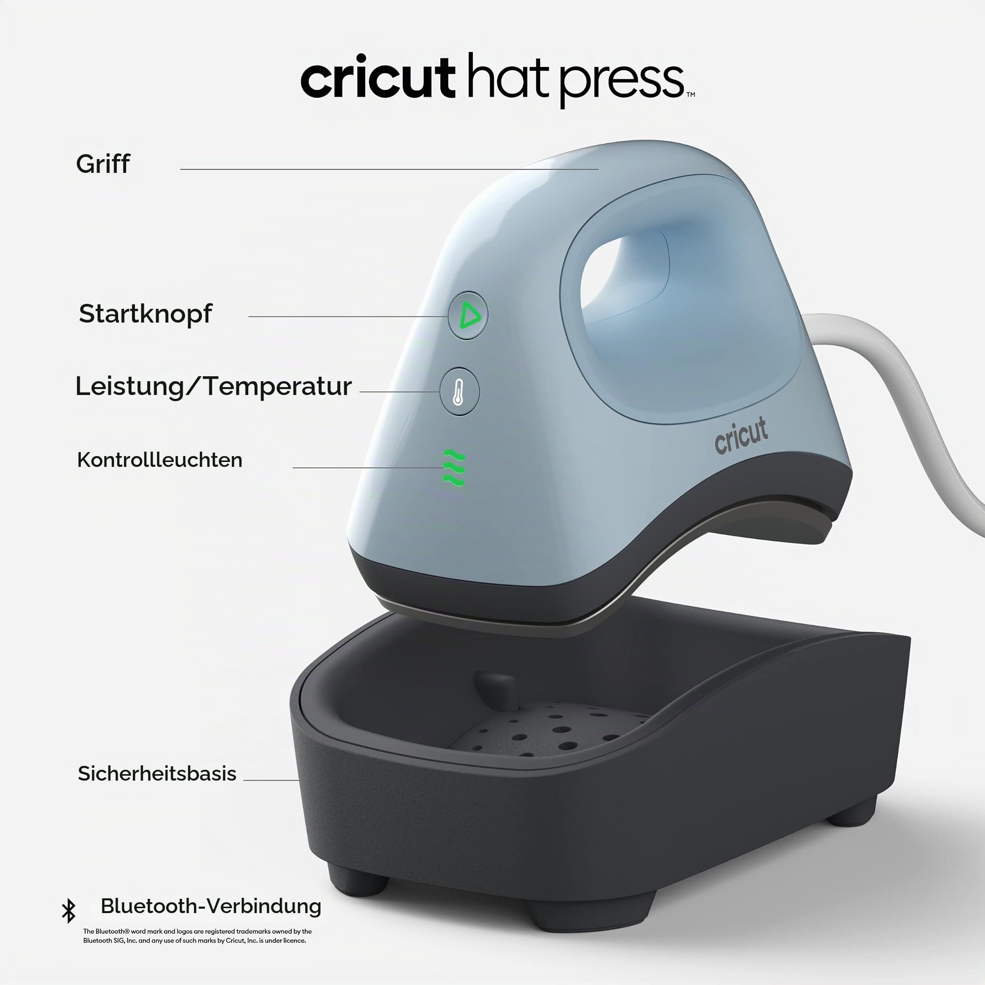 Cricut Hutpresse | 12,7 cm x 7,6 cm (5 x 3 Zoll) gebogene Heizplatte | Erwärmt bis zu 205 °C | Bluetooth-fähige gebogene Hitzepresse zum Aufbügeln von Vinyl (HTV),Infusionsfähige Tinte und Sublimation