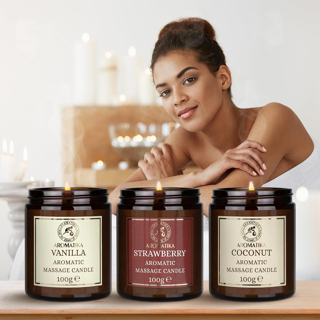 Vela de Masaje Set Vainilla Coco Fresa 3x100g Cera de Soja Aceites de Coco Almendras Monoi Tahiti Aromaterapia Calmante