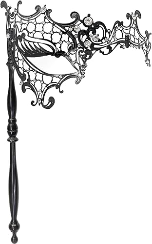 Thmyo Máscara veneciana de fiesta de Mardi Gras de Halloween con palo de sujeción, máscara de mano con plumas de metal y diamantes de imitación