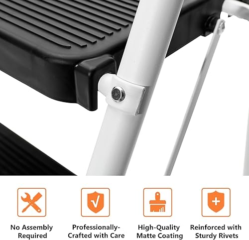 Miniatura 5 de BOCOM Escalera de 3 escalones, ligera, portátil, plegable, plegable, resistente, de acero con empuñadura, pedal ancho antideslizante, capacidad de