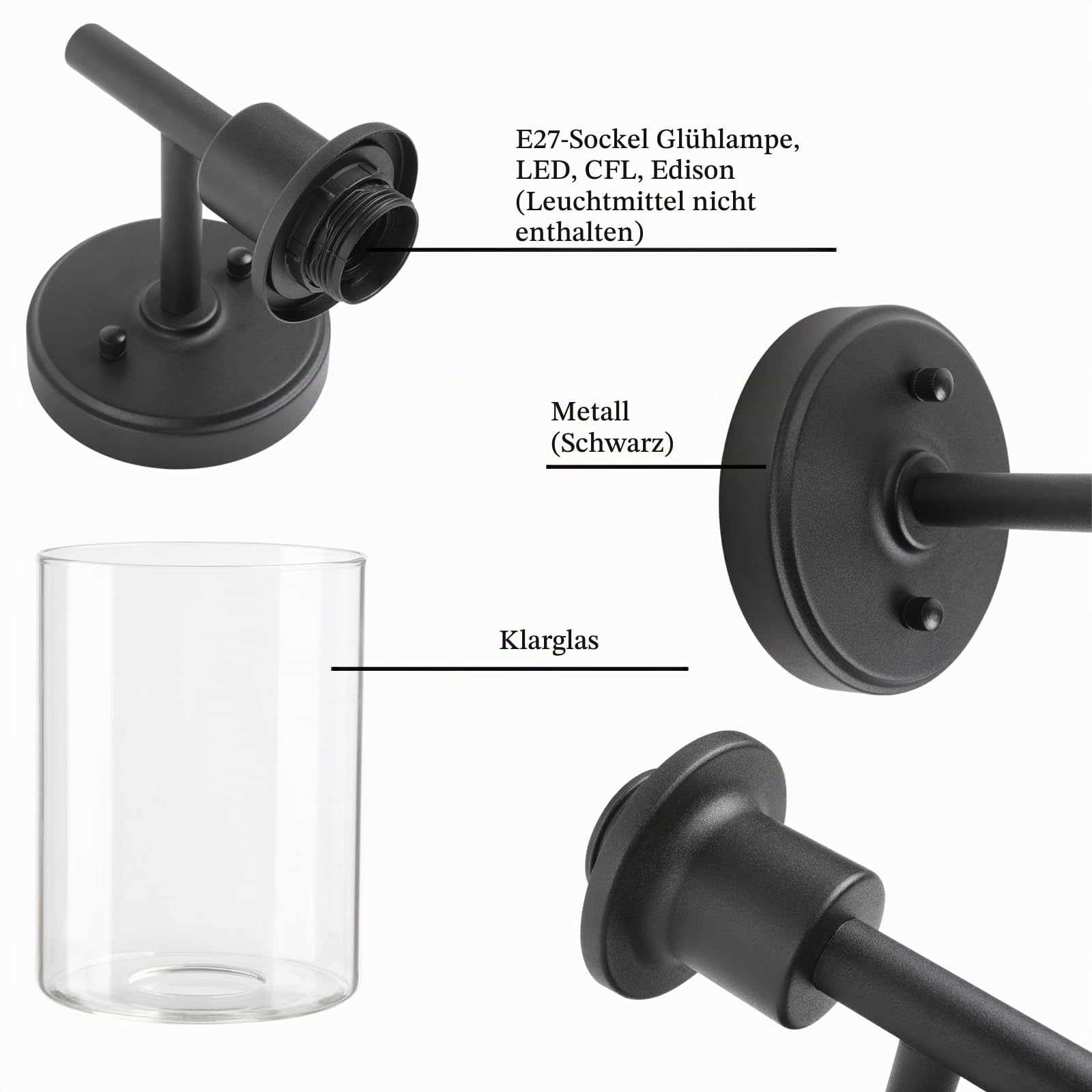 Phansthy E27 Wandleuchte mit klarglas Lampenschirm Wandlampe Industrielle Wandleuchte Wandbeleuchtung Landhausstil Lampe für Flur Schlafzimmer Wohnzimmer Küche Badezimmer Gästezimmer etc (Schwarz)