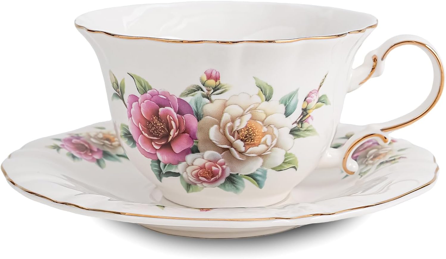 8.45oz floral tea cups for Latte Coffee Cafe, Specialty Coffee Drinks, Cappuccino and Tea (4, Camellia)