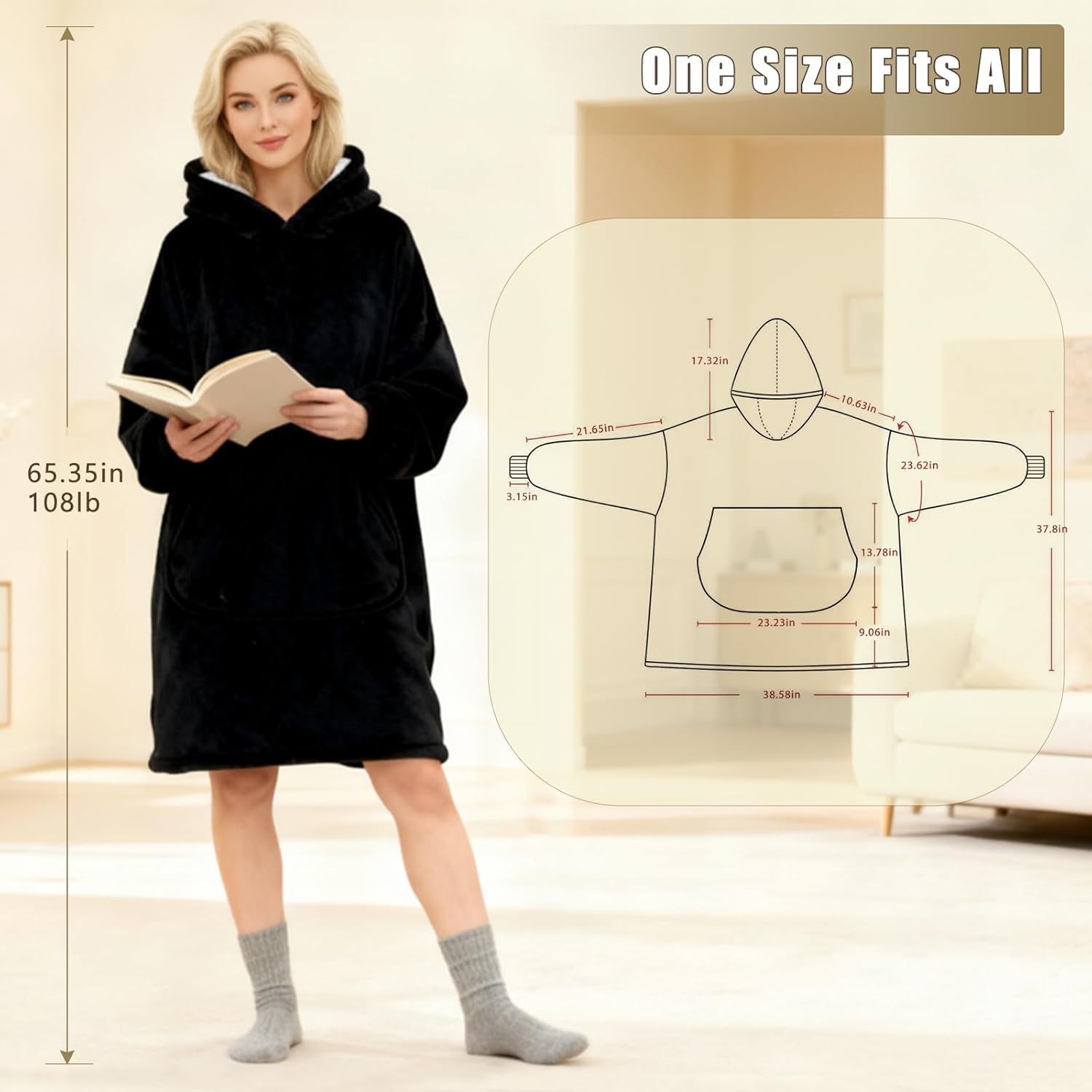 CSONFT Wearable Blanket Oversized for Men Women Hooded Blanket with Sleeves and Pocket One Size Fits Most 55" Length - Image 2