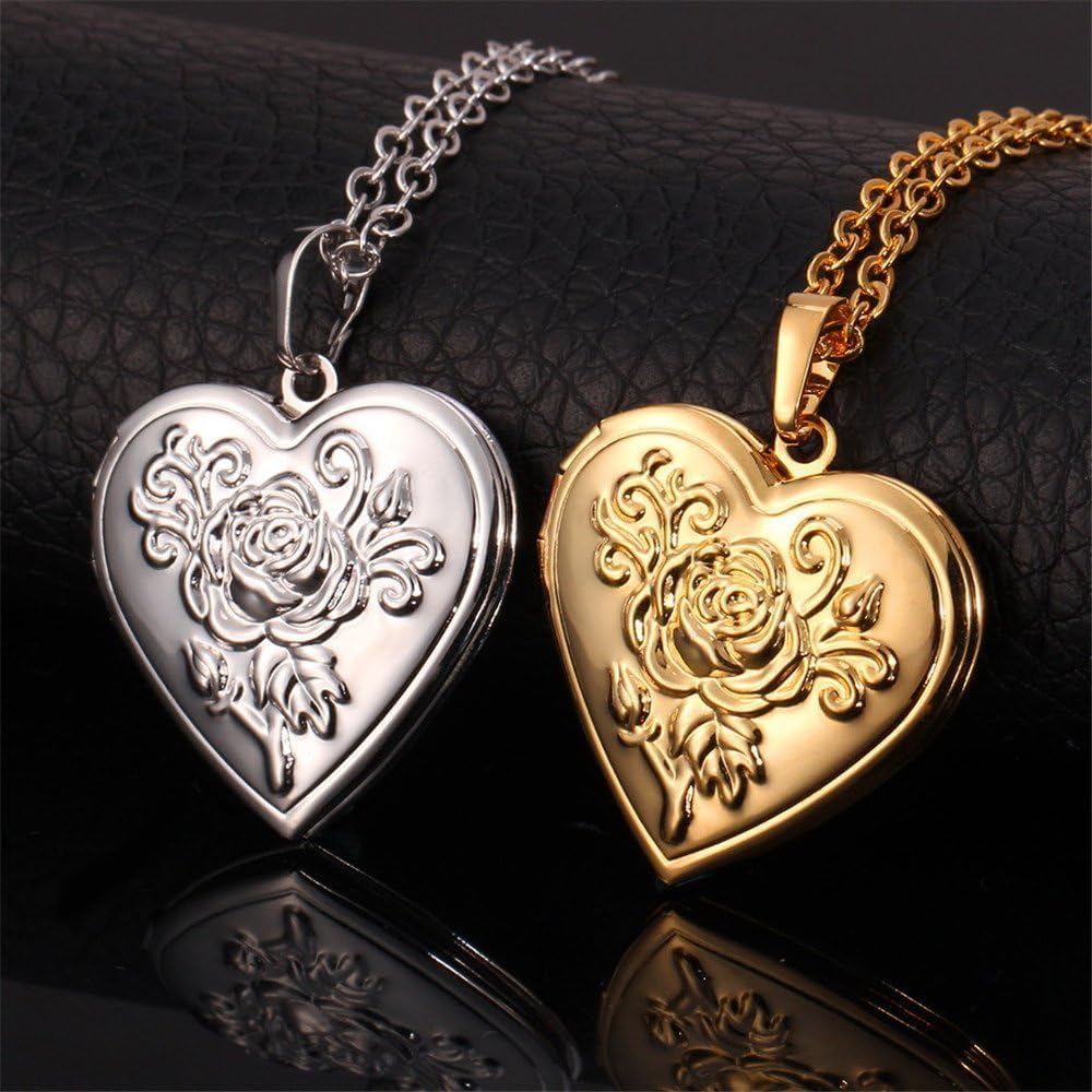 U7 Locket Necklace for Women, Silver/Gold/Rose Gold Custom Photo Text Necklaces, Flower Heart/Round Shape Personalized Picture Pendant Necklace 18 Inch - Image 6
