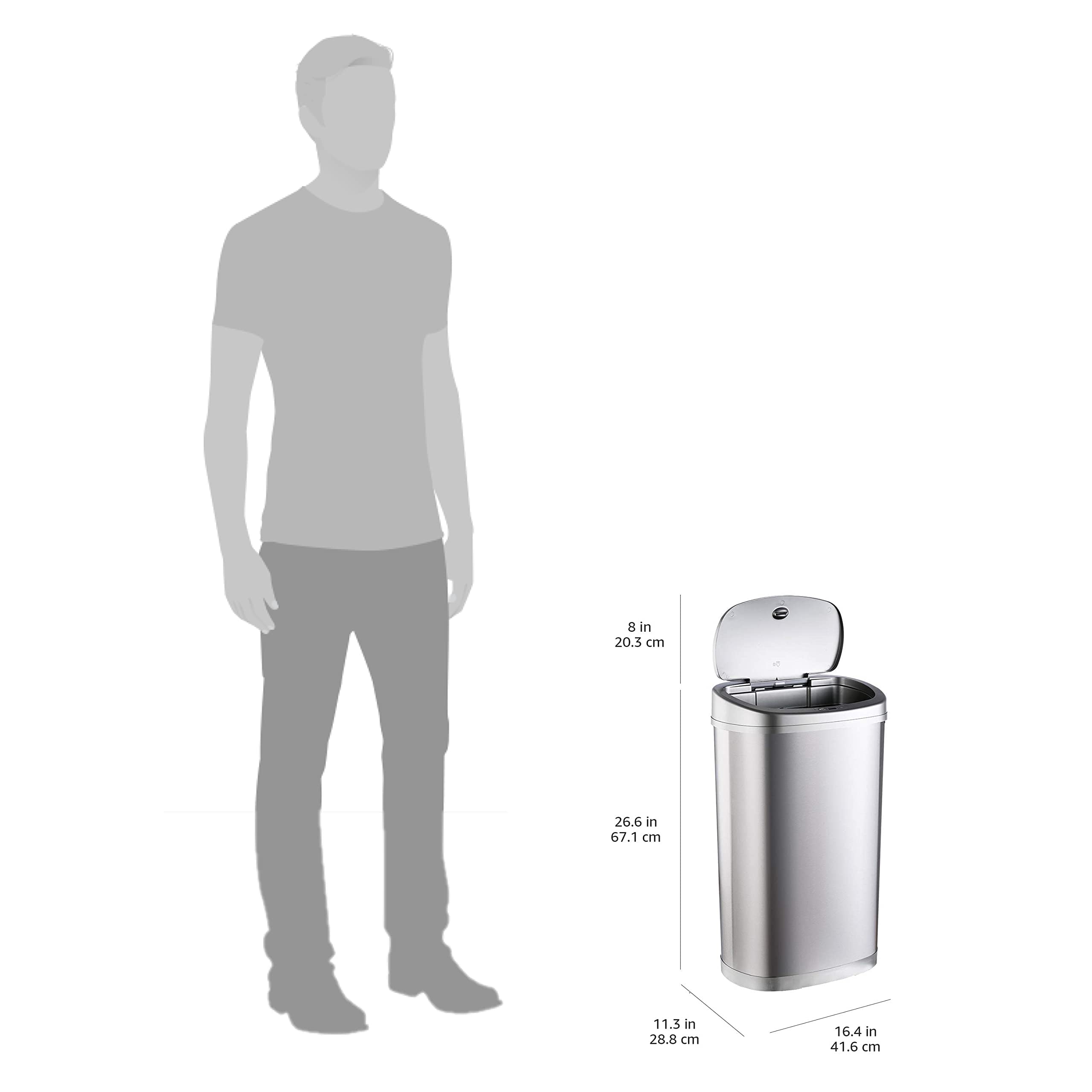 Amazon Basics Cubo de basura automático de acero inoxidable, metálico, rectangular, 50 litros