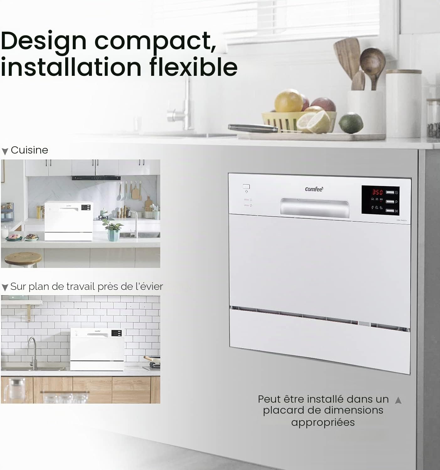 COMFEE' Lave-vaisselle compact de table TD602E-W Mini lave-vaisselle avec 6 couverts, 6 programmes, écran LED, démarrage retardé et fonction de lavage en heures non pointues, blanc