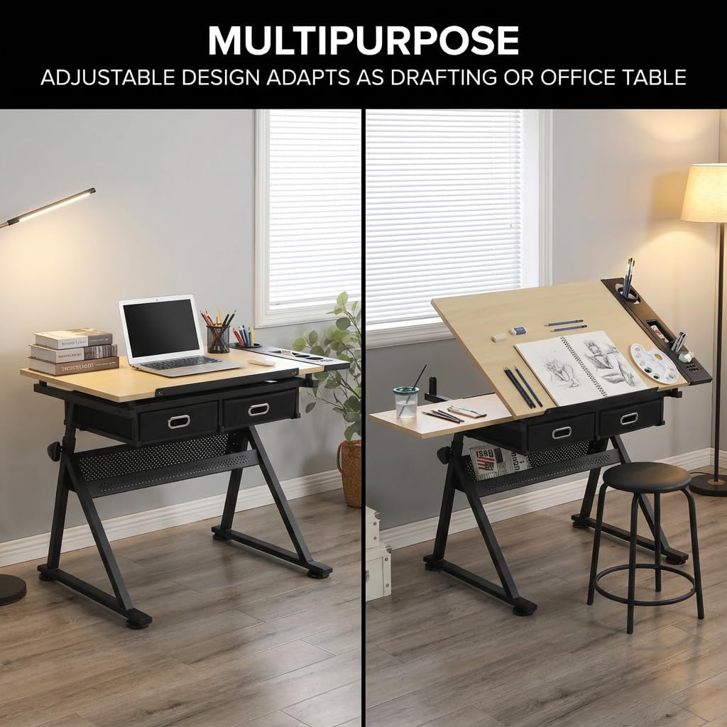 Drafting Table with Storage & Stool: Adjustable Tilting Art Desk, 2 Drawers, Height Adjustable Craft Table for Drawing, Painting, Home Office (Maple)