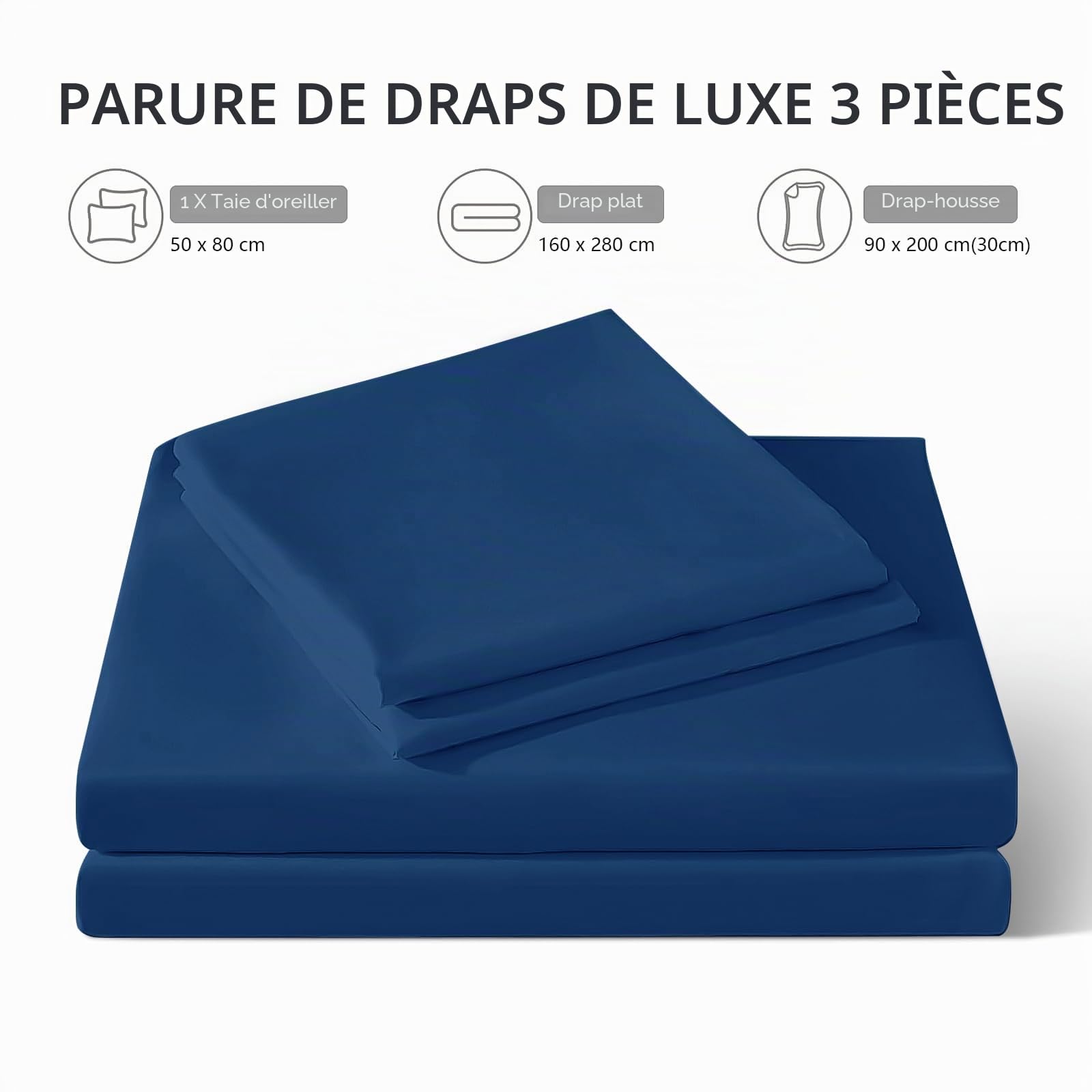 FARFALLAROSSA Parure De Lit 90x190-200 3 Pièces 100% Coton - Drap Housse 90x200 cm - Drap Plat 1 Personne 160x280 cm - 1 Taie d'oreiller 50x80 - Bleu Marine