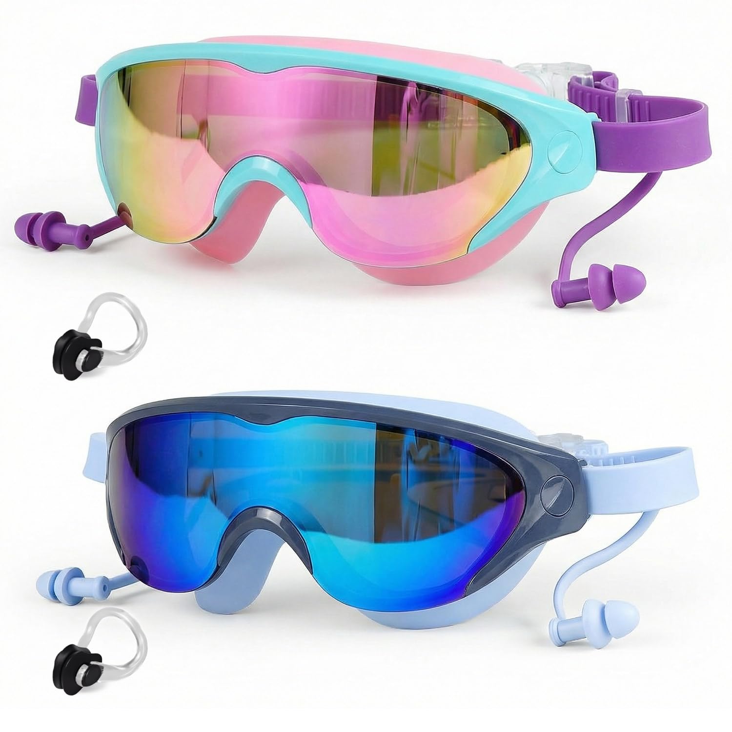 Zoomsnail 2 Pack Swim Goggles Kids, Childrens Swimming Goggles Wide Vision, Anti-Fog Swimming Googles, UV Protection Waterproof Kids Goggles Boys Girls with Nose Clips Pink and Blue