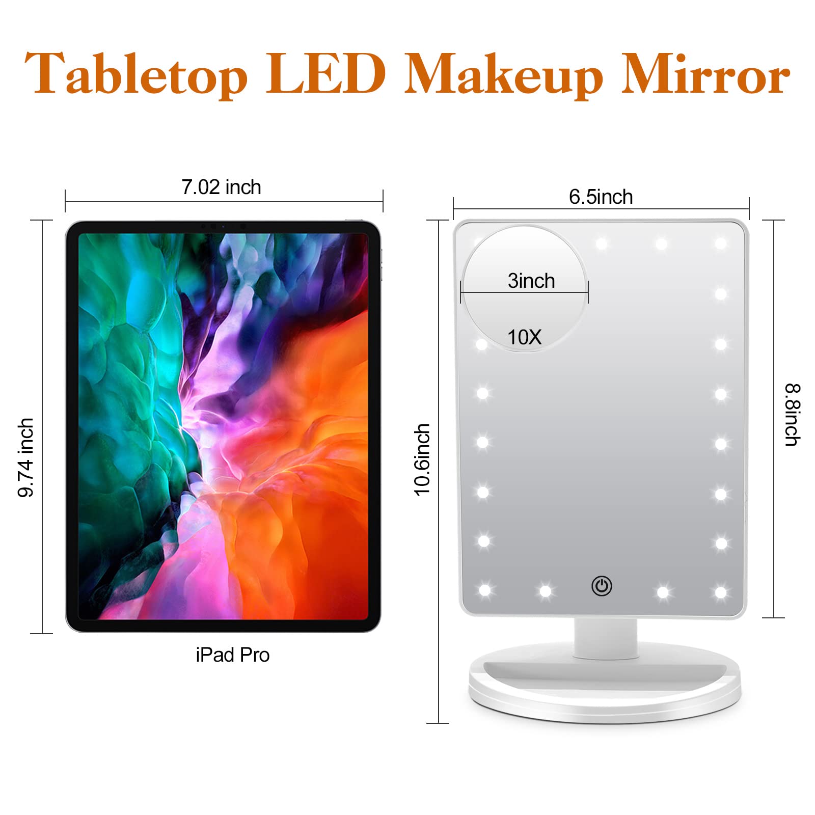 Lighted Makeup Vanity Mirror with Phone Holder and 10X Magnifying Mirror, 21 LED Lighted Mirror with Touch Sensor Dimming, 180??Adjustable Rotation, Dual Power Supply, Portable Cosmetic Mirror