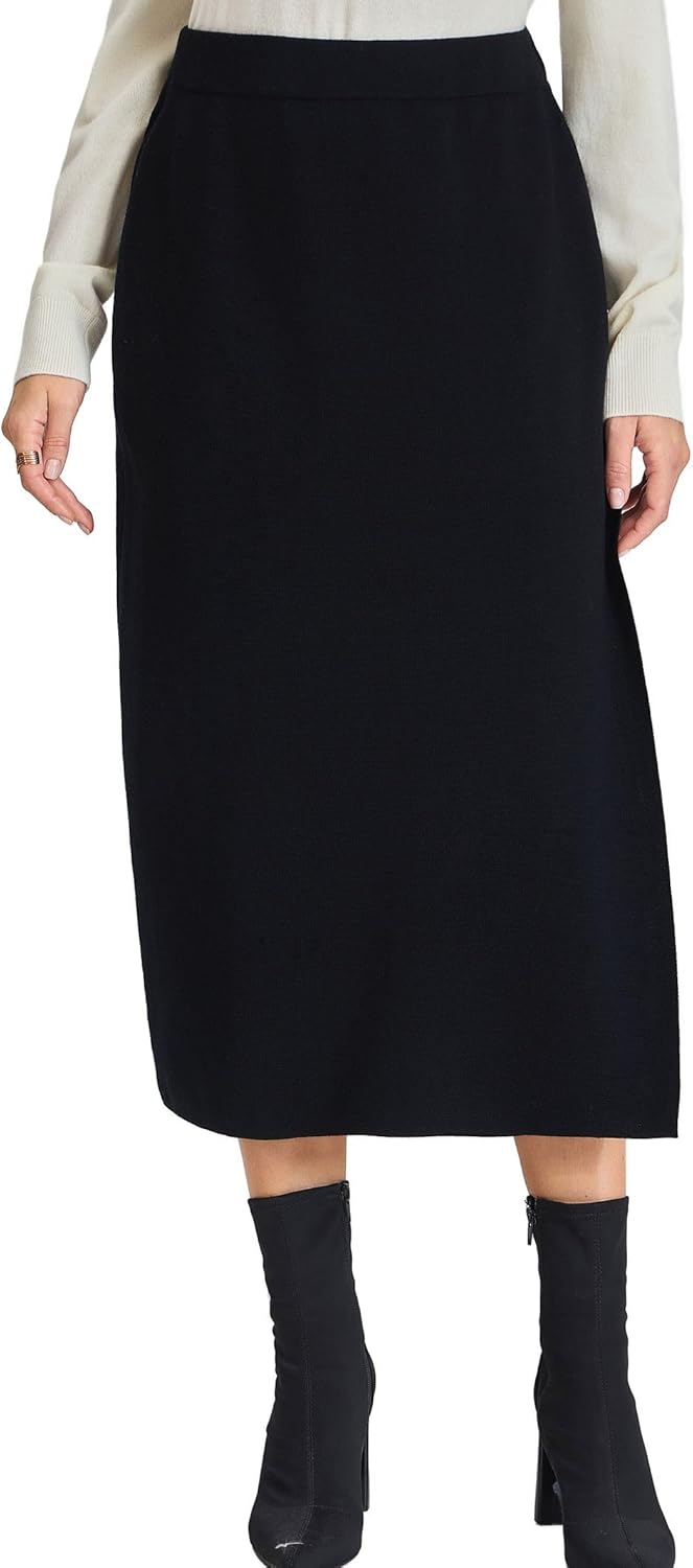 Women's Black Knit Skirt - 100% Machine Washable Merino Wool High Waist Sweater Midi Skirt with Slit for Winter Warm