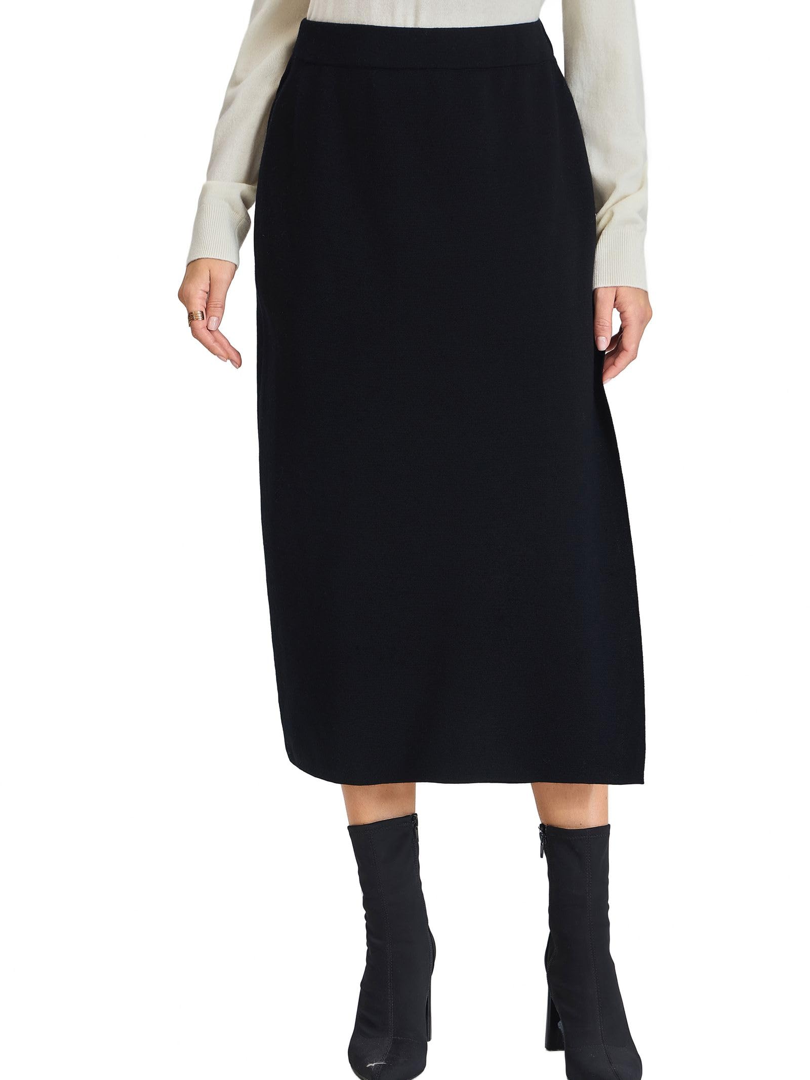 Gonna a Maglia Donna in 100% Lana Merino Lavabile in Lavatrice - Vita Alta Midi con Spacco Laterale Taglio Matita ed Elastico