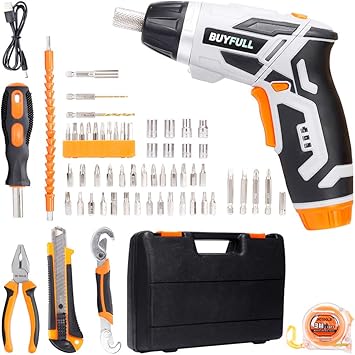 Amazon Buyfull 電動ドライバー セット 充電式 正逆転可能 Ledライト搭載 軽量 日本語説明書 収納ボックス付き 63点セット 180日間保障 Diy 工具セット ドリルドライバー