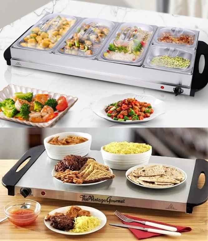 Vintage Gourmet 5 Tray Food Warmer All in One Buffet Server with Warming Plate Function Turkey & Vegetables Keeps Food Warm Variable Temperature Control Cool-Touch Handles 9.6 Litre 450W 85cm Wide