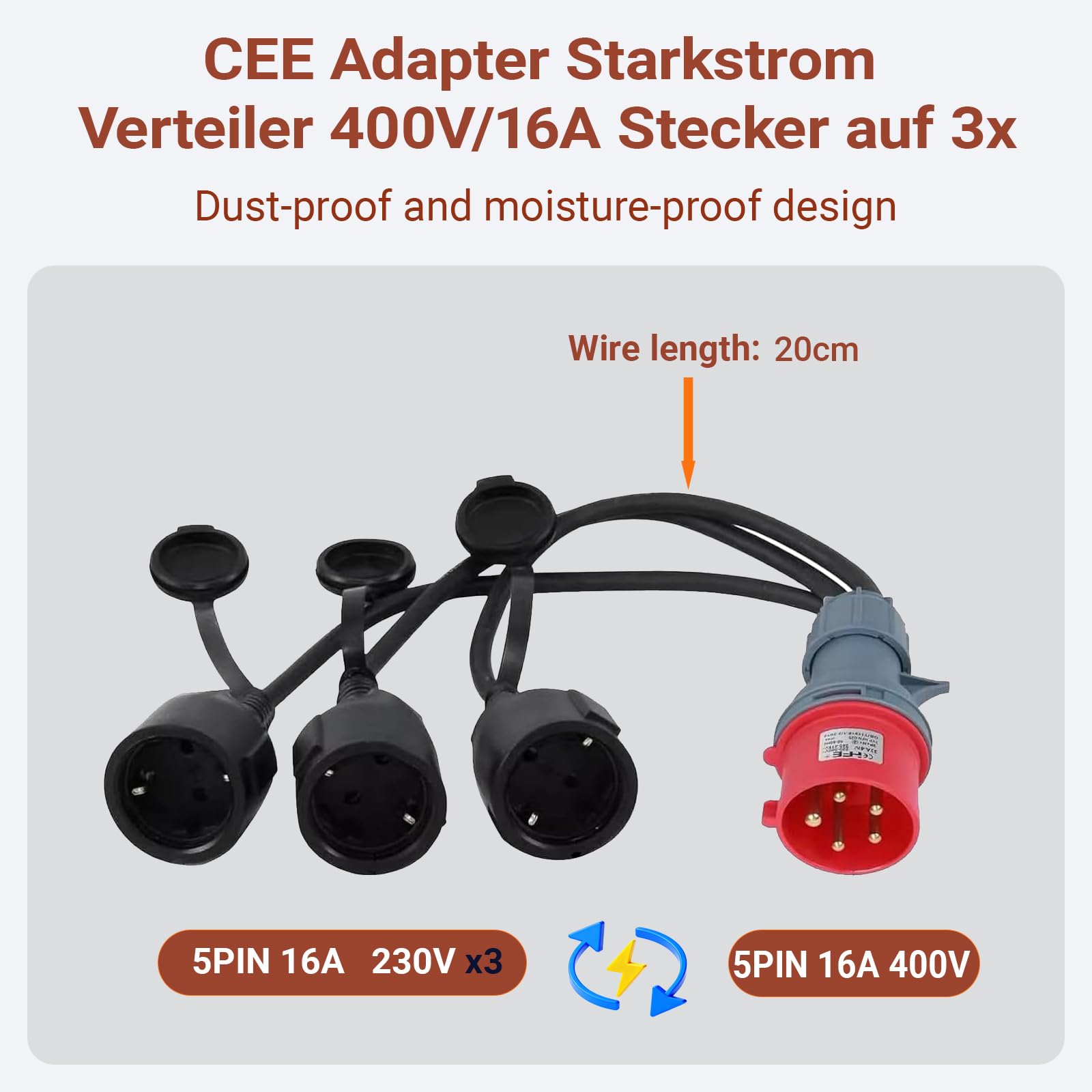 Adaptador CEE Industrial 400V 16A a 3 Enchufes 230V 16A - Transformador para Caravana, Obra, Exterior - IP44 Antisalpicaduras - Cable de Goma Resistente (-25°C a +70°C) para Soldadoras