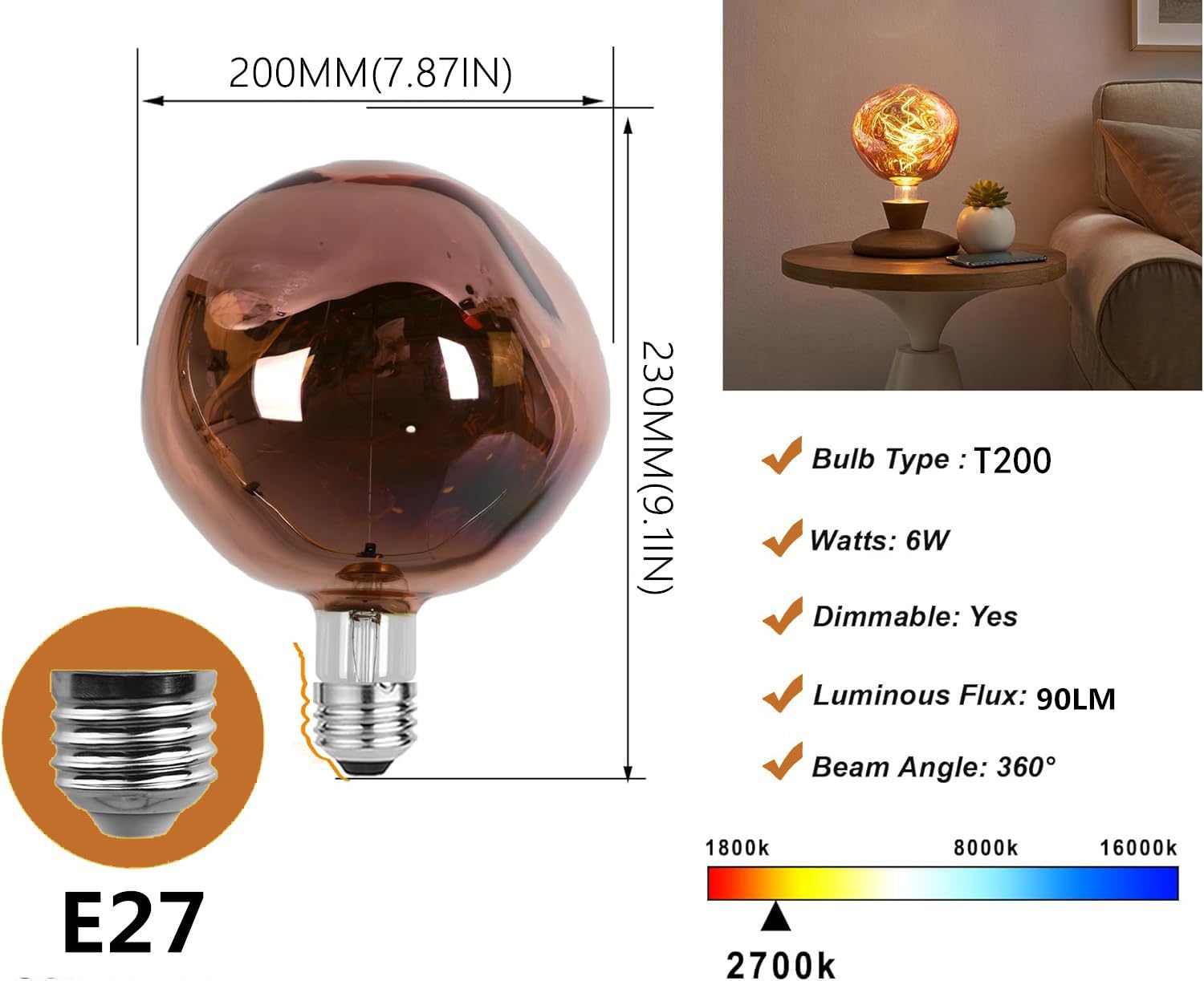 Übergroße Riesen LED-Lampe, 6W Große Edison-Birne, Dimmbar, ⌀200 Steinform Warmweiß 2700K, Roségold E27 Sockel, Flackerfrei, 1 Stück