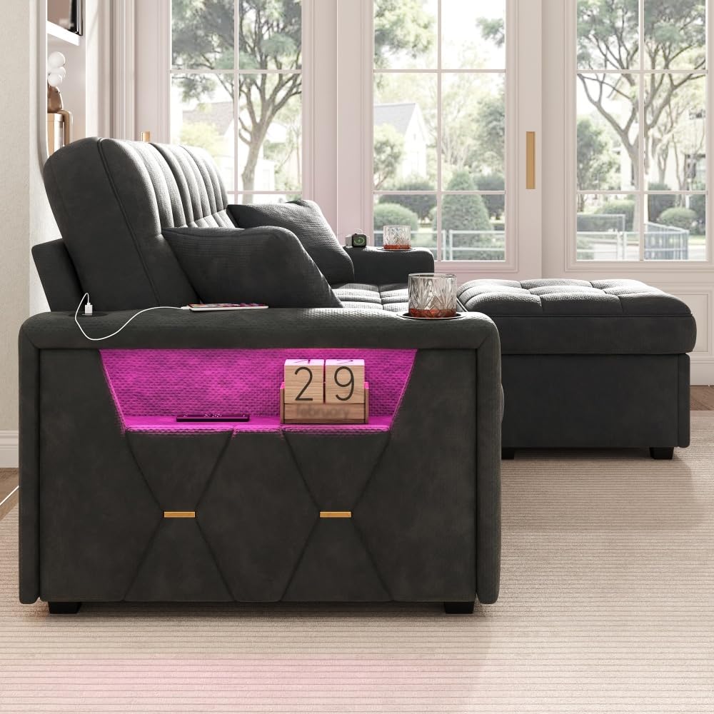 Divano ad angolo multifunzionale con porta USB-C, divano rilassante a 3 posti, con portabicchieri, illuminazione LED, scomparti laterali, 2 cassetti su ruote e pouf per riporre, in chenille (Nero)