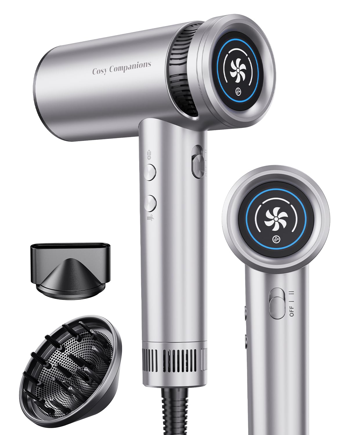 Hair Dryer with Diffuser, High-Speed 150000 RPM for Fast Drying, Lightweight, Cool Air Button, 500 Million Negative Ionic Blow Dryer with Magnetic Nozzle, HD Display, 3 Temps & 6 Speeds