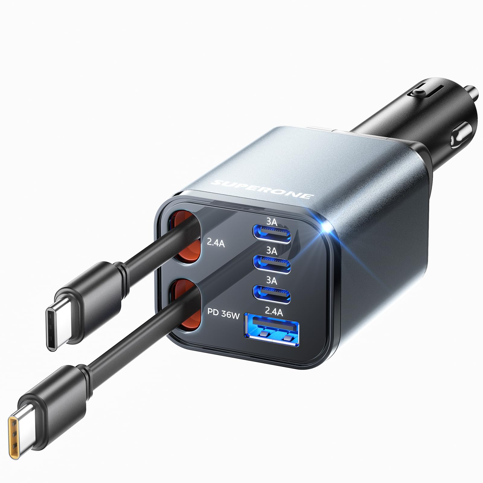 SUPERONE Cargador retráctil de coche, ultra compacto, cargador de coche de 6 puertos USB C, cargadores de coche para iPhone, carga rápida con cables USB C duales, accesorios de coche, cargadores de