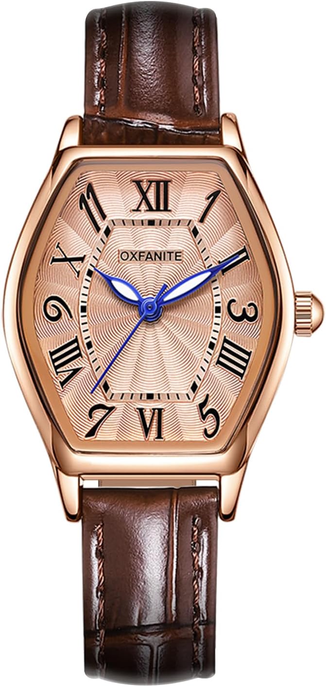 Women’s Leather Band Watch, Dainty Elegant Barrel-Shaped