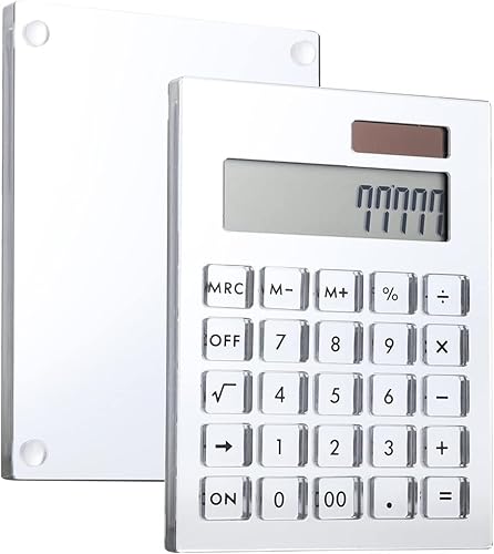 Calculadora de espejo plateado, 2 piezas, calculadora delgada de acrílico de energía solar con pantalla LCD grande y soporte, calculadora de