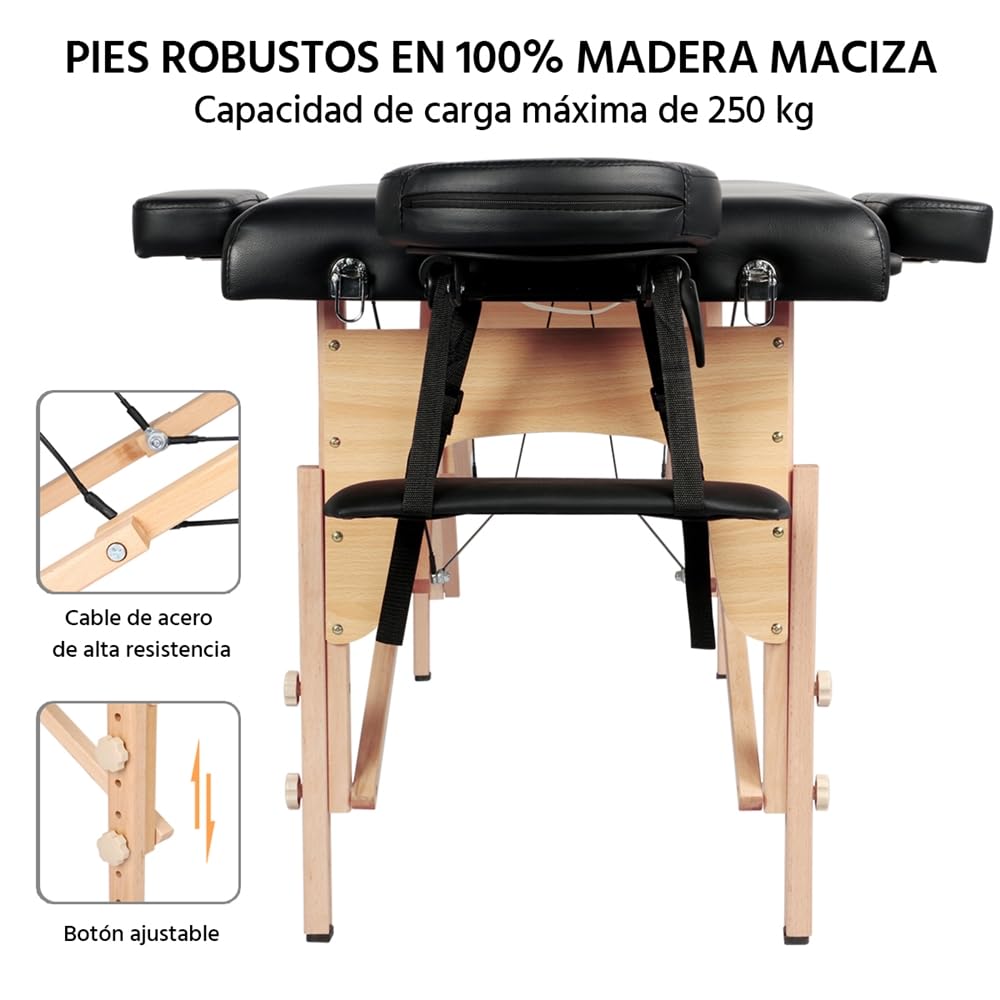 Yaheetech Camilla Masaje Plegable 3 Zonas Profesional Portátil Carga 250kg 213×82cm Altura Ajustable de Madera Haya para Belleza Tatuaje SPA con Bolsa de Transporte