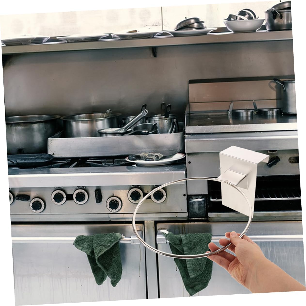 OUNONA Stove Colander Holder Stainless Strainer Ball Rack Display Stand Towel Hook Wall Mount Kitchen Accessory