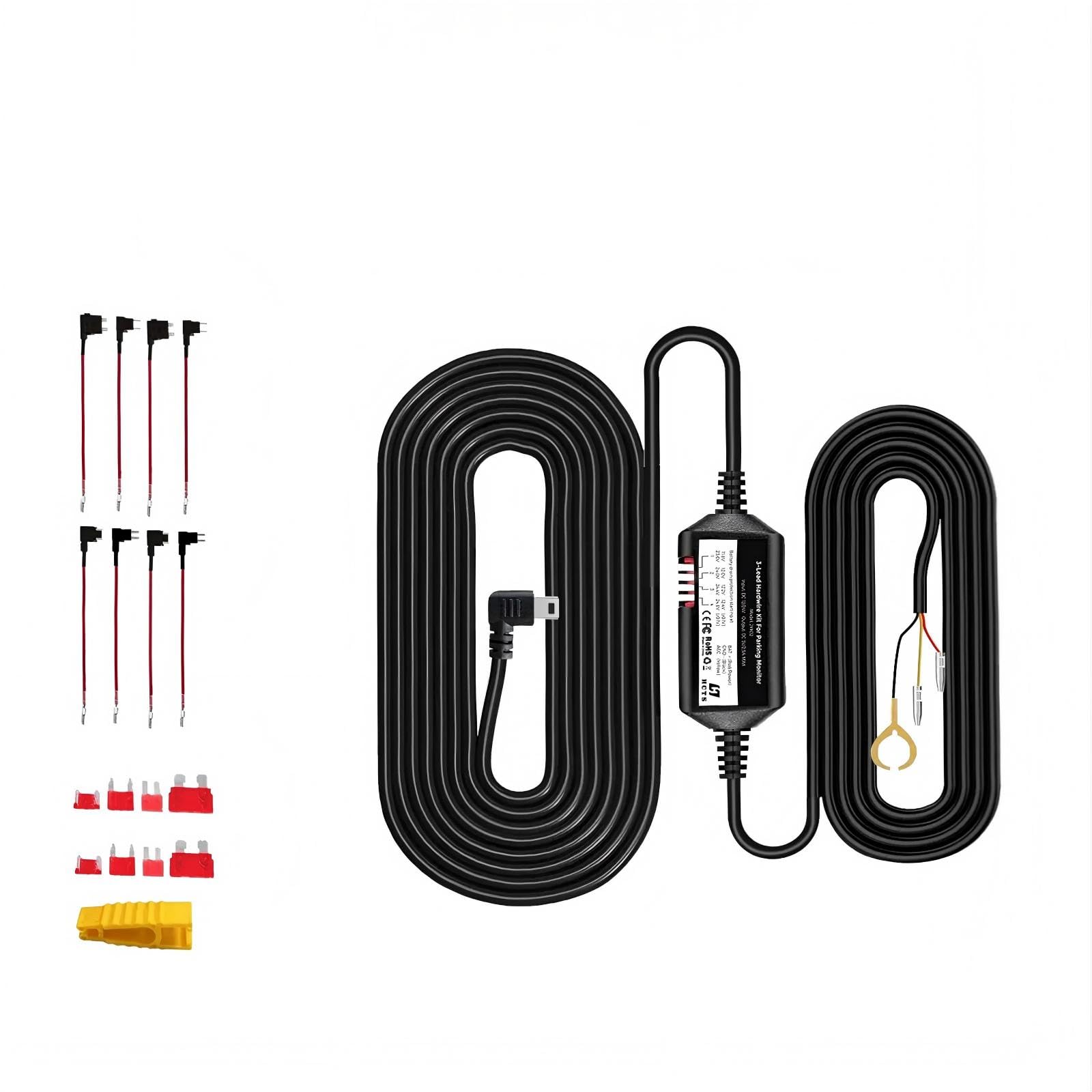 Universal USB-C Dash Cam Acc Hardwire Kit with LED Voltmeter and Adjustable Low Voltage Protection, 11.5ft Multi-Size Hardwire Kit for Dash Camera 24H Parking Monitoring