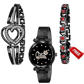 Goldenize fashion Branded Queen Dial Magnet Belt Stylish Gift Girls and Womens Watch with Bracelet Pack of 3
