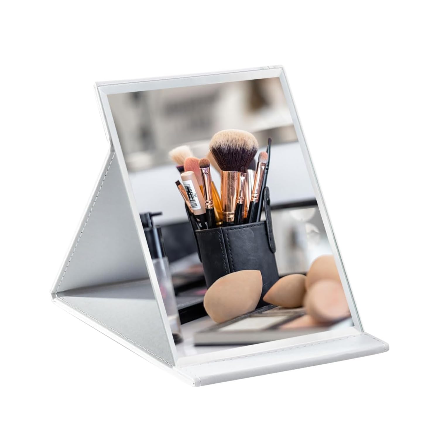 Portable Tabletop Makeup Mirror PU Leather Folding Stand, HD Clear Glass Vanity Mirror for Makeup, Shaving & Skincare, Adjustable Desk Mirror for Dressing Table, Compact (White)-image-27