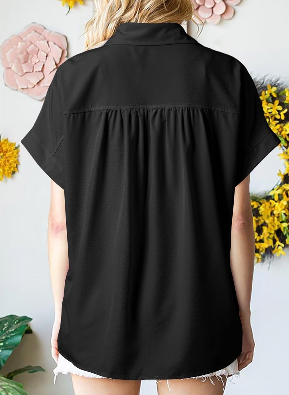 Dokotoo Womens Tops Casual Short Sleeve Shirts V Neck Business Casual Pleated Blouses Polo Shirt - Image 2