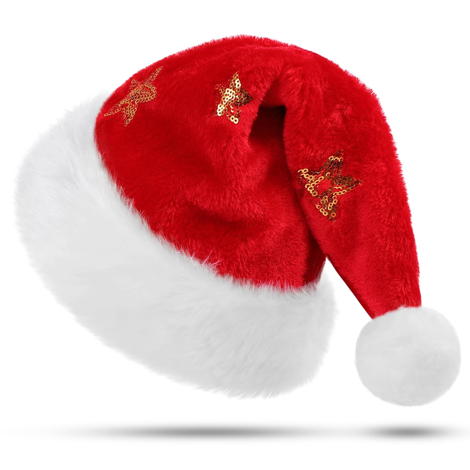 KONVINIT Christmas Santa Hat Festive Santa Clause Hat, Fluffy & Durable for Holiday Celebrations, Red With Stars, L-XL