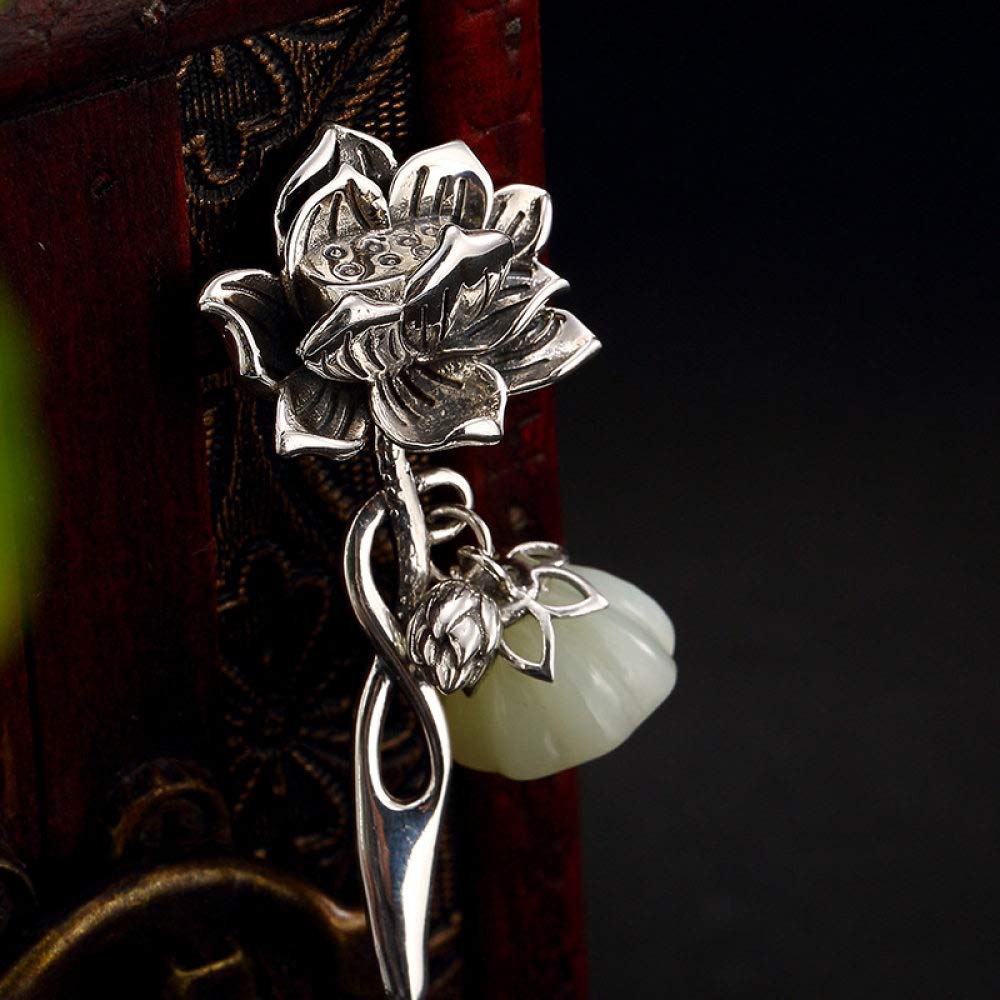 925 Sterling Silber Haarnadel Hair Stick Retro Chinesisch Weißer Jade Lotus Klassischen Weiblichen Temperament Braut Haarschmuck Deko Feste