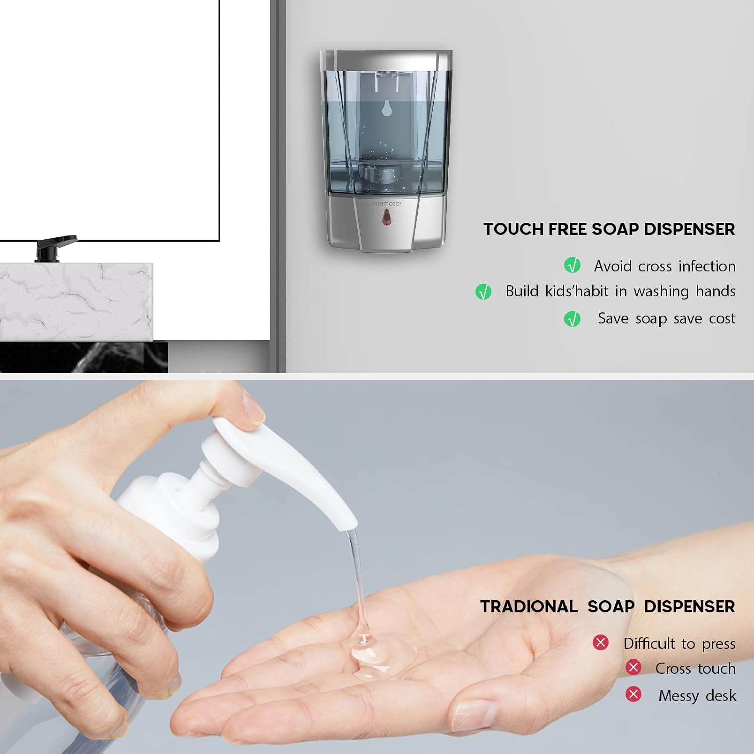 interhasa! Automatic Soap Dispenser Wall Mount, Hand Sanitizer Dispenser 600ml/20oz Touchless Sensor Hand Free Soap Dispenser for Gel/Liquid, ABS Plastic, White (1 Pack Silver)