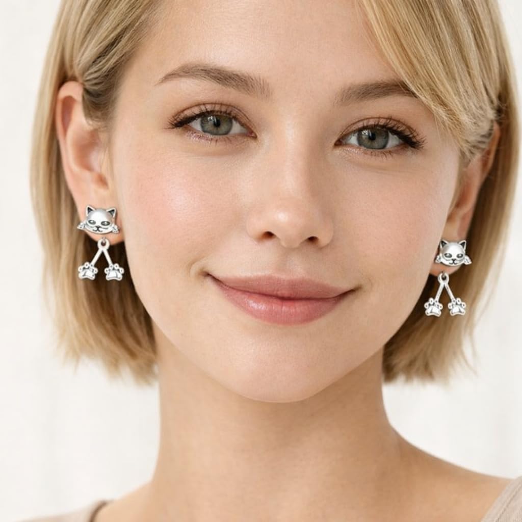 Cute Funny Kitten Cat Earrings for Women Weird Silver Studs Earring Modern Dainty Compact Unique Design Animal Earrings Jewelry Gifts for Women - Image 3