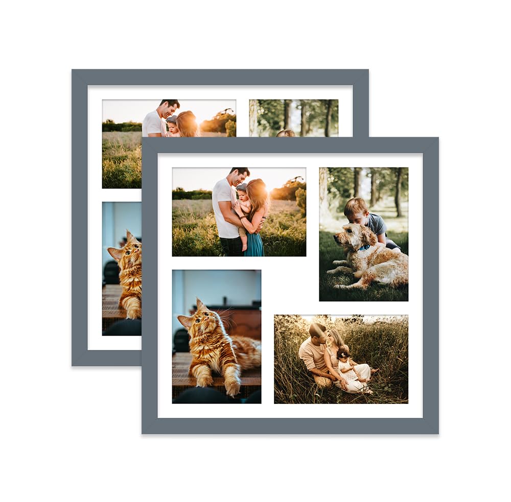 Grey Multi Photo Frame - Holds 4 x 6x4 Pictures, Family Collage Picture Frame for Wall Display, 12x12 Frame size, Set of 2