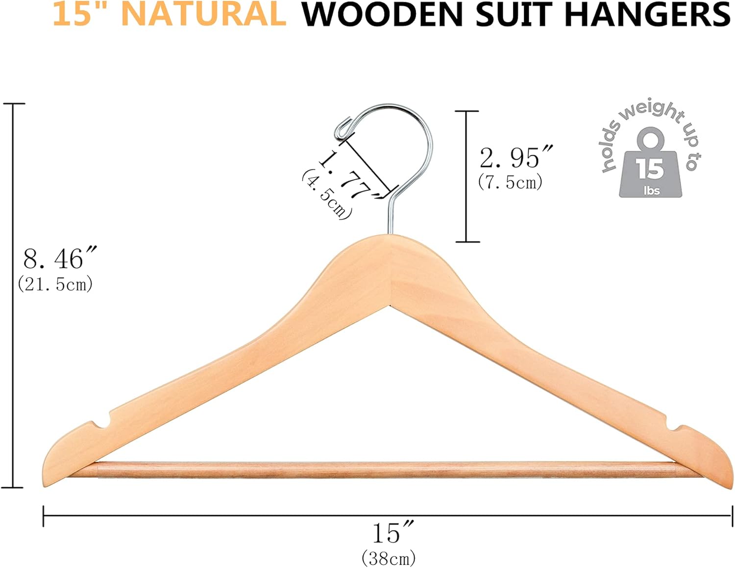 Amber Home 20 Pack 15" Natural Wooden Clothes Hangers for Woman, Teenager Clothing Hangers for Shirt Jacket, Solid Wood Dress Coat Hangers with Non Slip Pants Bar (Natural, 20)