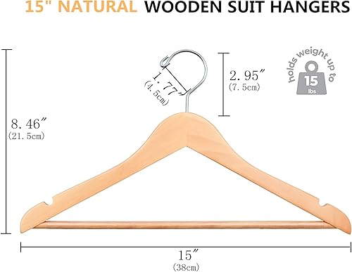 Miniatura 2 de Amber Home Perchas de madera natural de 15 pulgadas para mujer, paquete de 20 perchas de ropa para adolescentes para camisa, chaqueta, perchas de