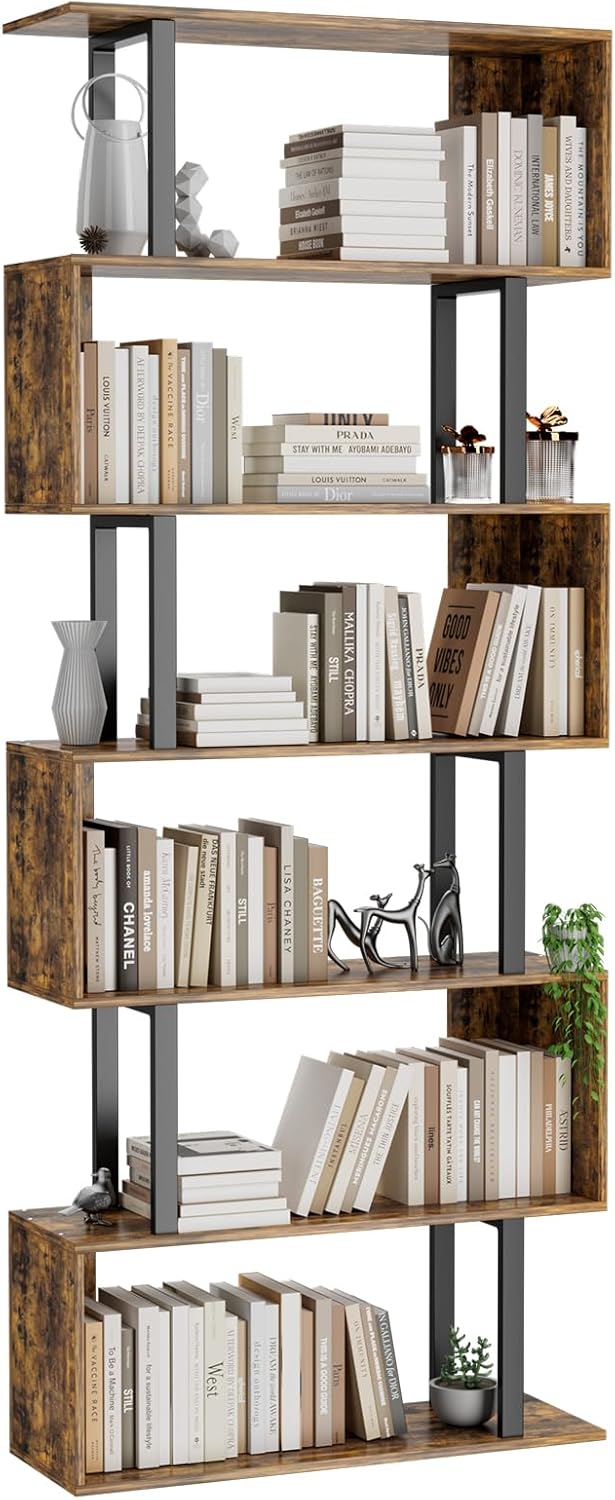 Gadroad 6 Tier Geometric Bookcase,S Shaped Bookshelf, Wood Decorative Storage Shelving, Modern Freestanding Display Shelves, Tall Book Shelf Unit for Living Room Bedroom, Rustic Brown Rustic Brown 27.56"W x 74.2"H