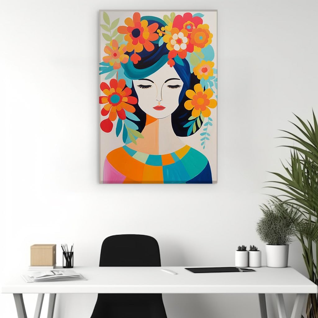 Canvas for Living Room. Enigmatic Blue-Haired Muse Amidst a Riot of Floral Hues, 27 x 18 inch Canvas Wall Art - Strokes and Lines - Botanical Home Decor