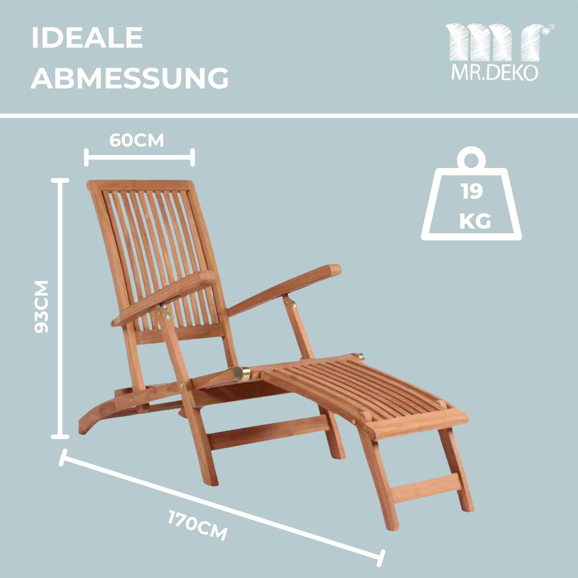 MR. DEKO Deckchair Yacht Teak Holz 170 cm | Sonnenliege Garten Klappbar | Gartenliege Wetterfest Massivholz | Deckstuhl Outdoor Teakholz Balkon | Liegestuhl Terrasse Rostfrei