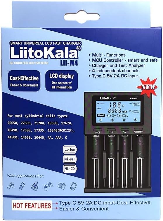 LiitoKala LII-M4 4-Bay 18650 Battery Charger, Universal Battery Charger,Test Battery Capacity,LCD Display Fast Charging for 3.7V 26650 18650 18350 20650 14500 18500 1.2V AA AAA C SC Size Batteries